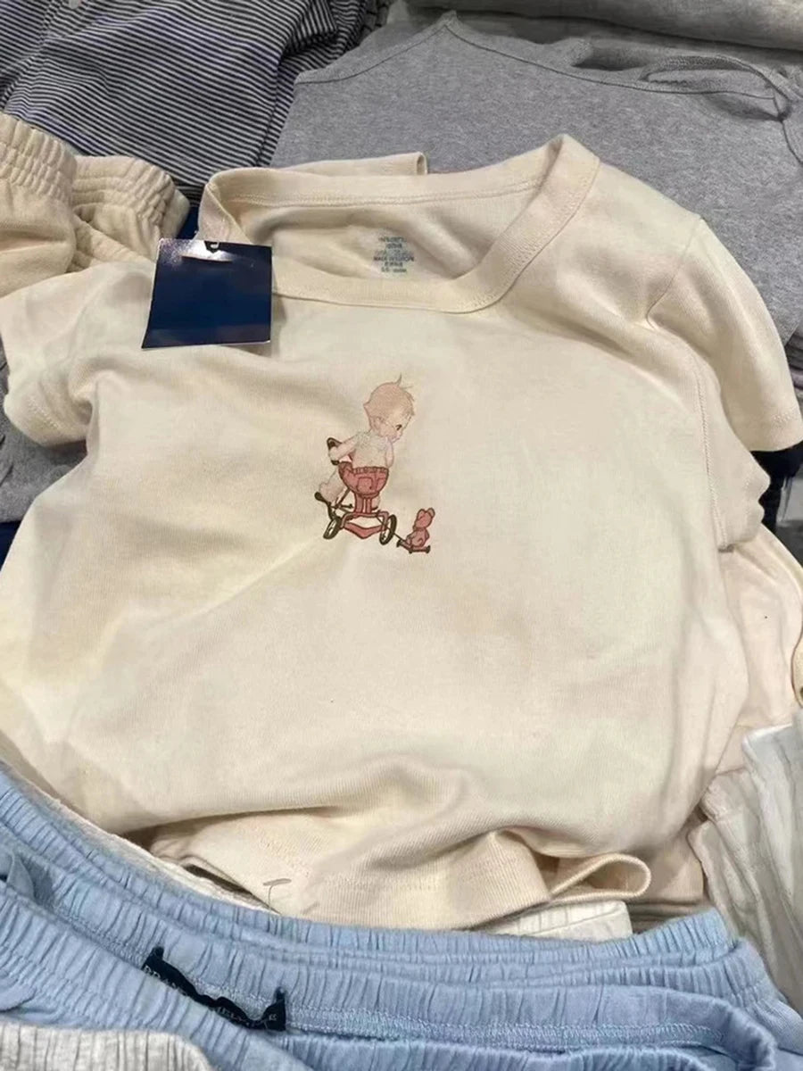 Cartoon Angel Print Cute Slim T-shirts Women Summer O-neck Cotton Harajuku Streetwear Short Sleeve Tees Sweet Chic Y2K Crop Tops