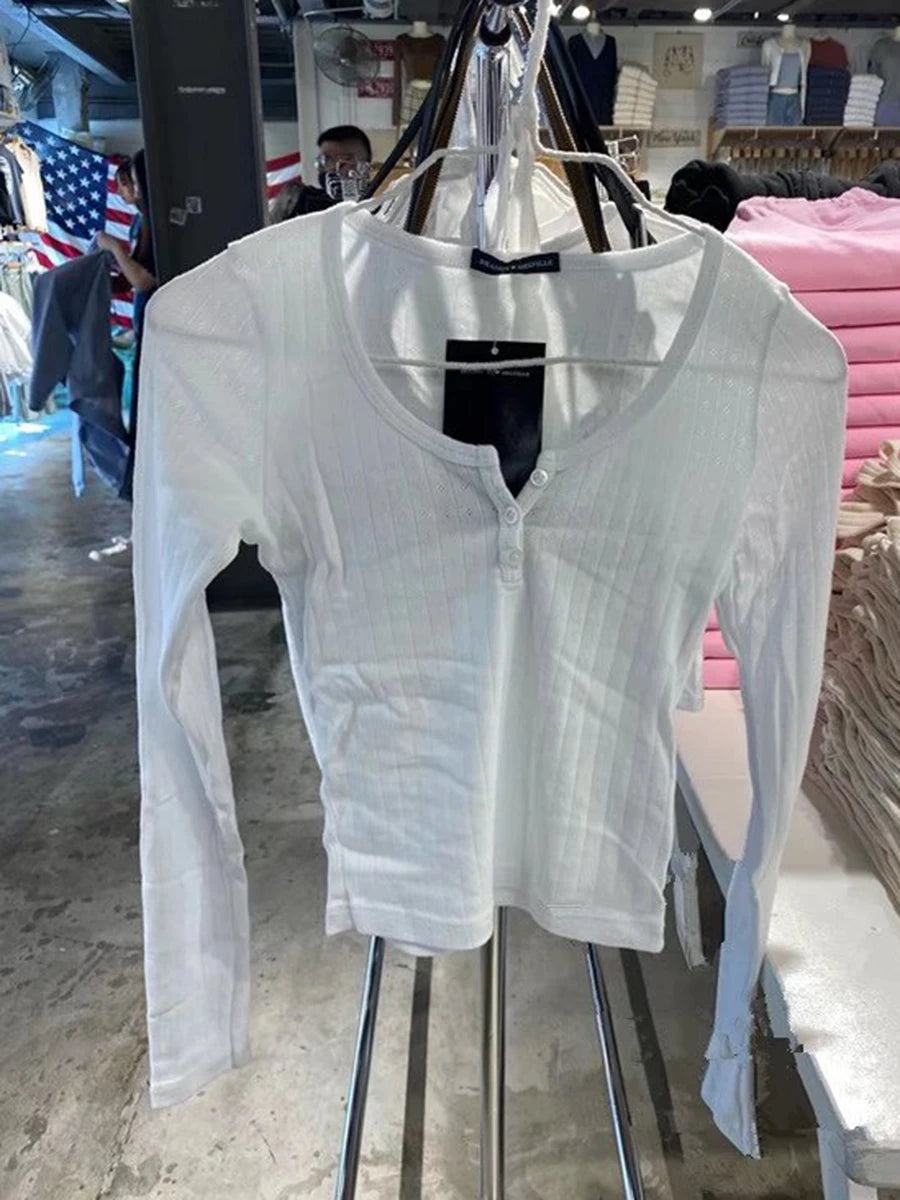 Navy Eyelet Three Buttons Long Sleeve T-Shirt New Autumn O-Neck Simple Slim Tee Top for Women Sweet Cute Basic Tshirt Y2k Tops