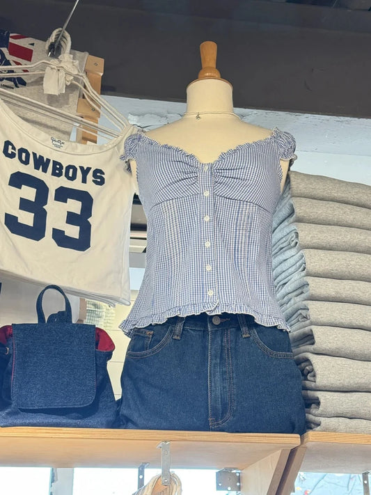 Blue Plaid Folds Blouse Top Women Casual Cotton Single Breasted Ruffle Sleeveless Tank Tops Vest Y2K Sweet Preppy Style Camisole