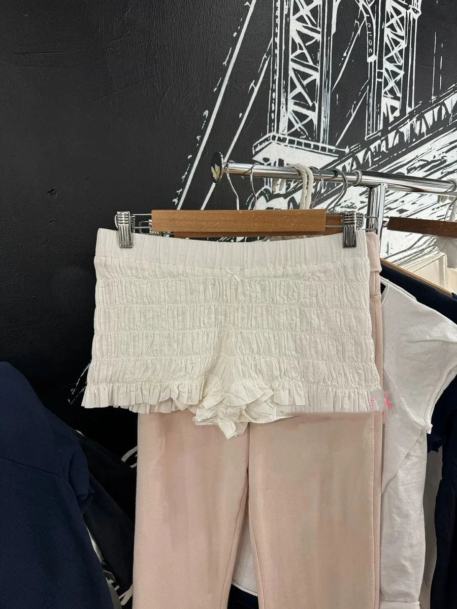 Sweet Folds Ruffles Straight Shorts Women Summer New Bow Elastic Low Waist Short Pants Cute Preppy Style Balletcore Bottoms Y2K