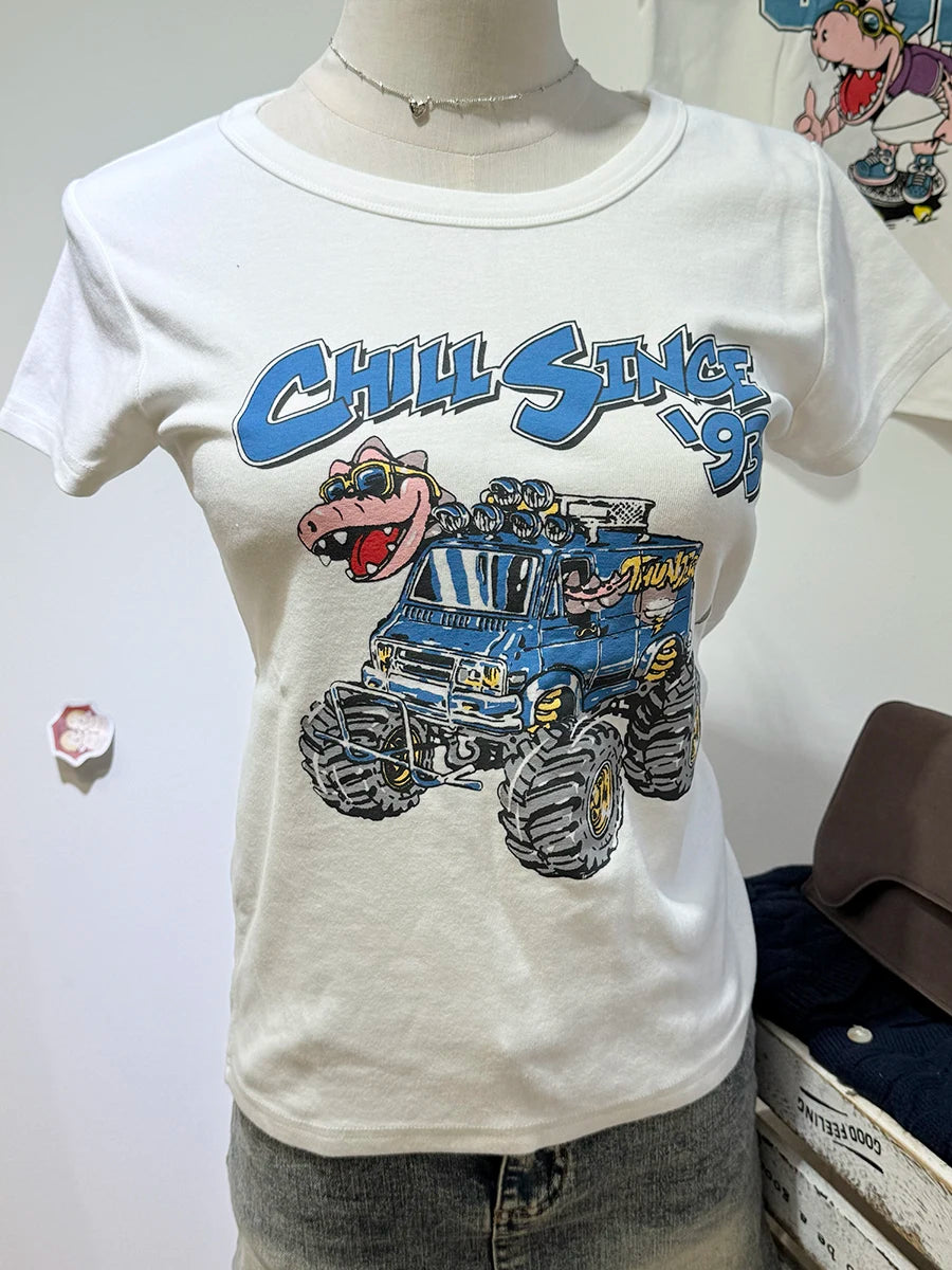 Dinosaur Print Slim T-shirts Women New Cotton Soft Chic O-neck Casual Short Sleeve Tees Harajuku Vintage Cartoon T-shirt Y2K New