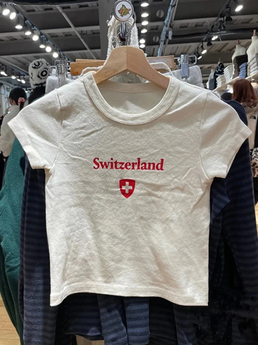 Letter Graphic Print T-shirts Women Summer Casual Beige Slim Cotton Short Sleeve Tees Female Sweet Streetwear Vintage Chic Tops