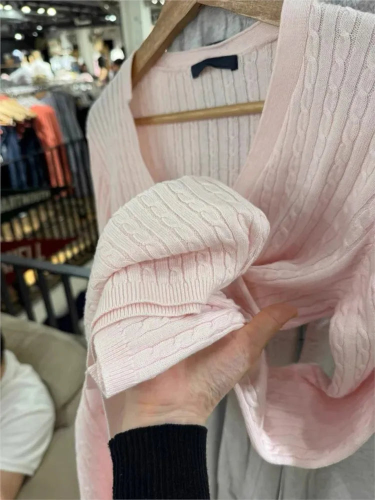 Sweet Pink Twist Cotton Long Sleeve Knitted Cardigan Women Simple V-neck Casual Preppy Style Jumper Prepppy Style Sweater Top