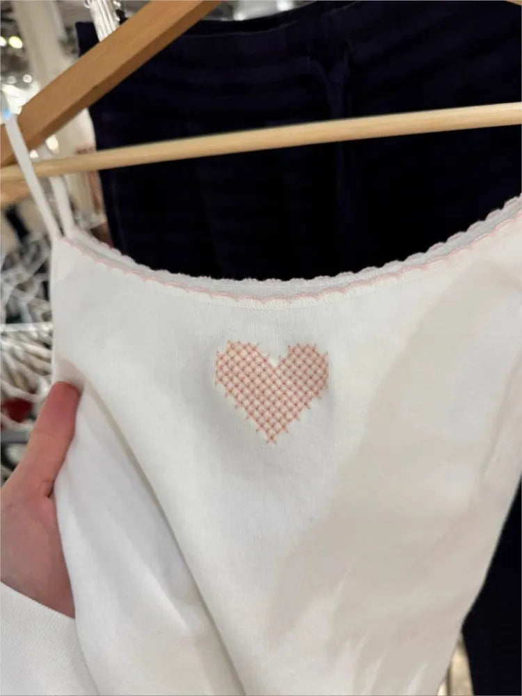 Pink Heart Embroidery Slim Tank Top for Women Summer Cotton Casual Lace Trim Sleeveless Camisole Sweet Cute Preppy Style Y2K Top