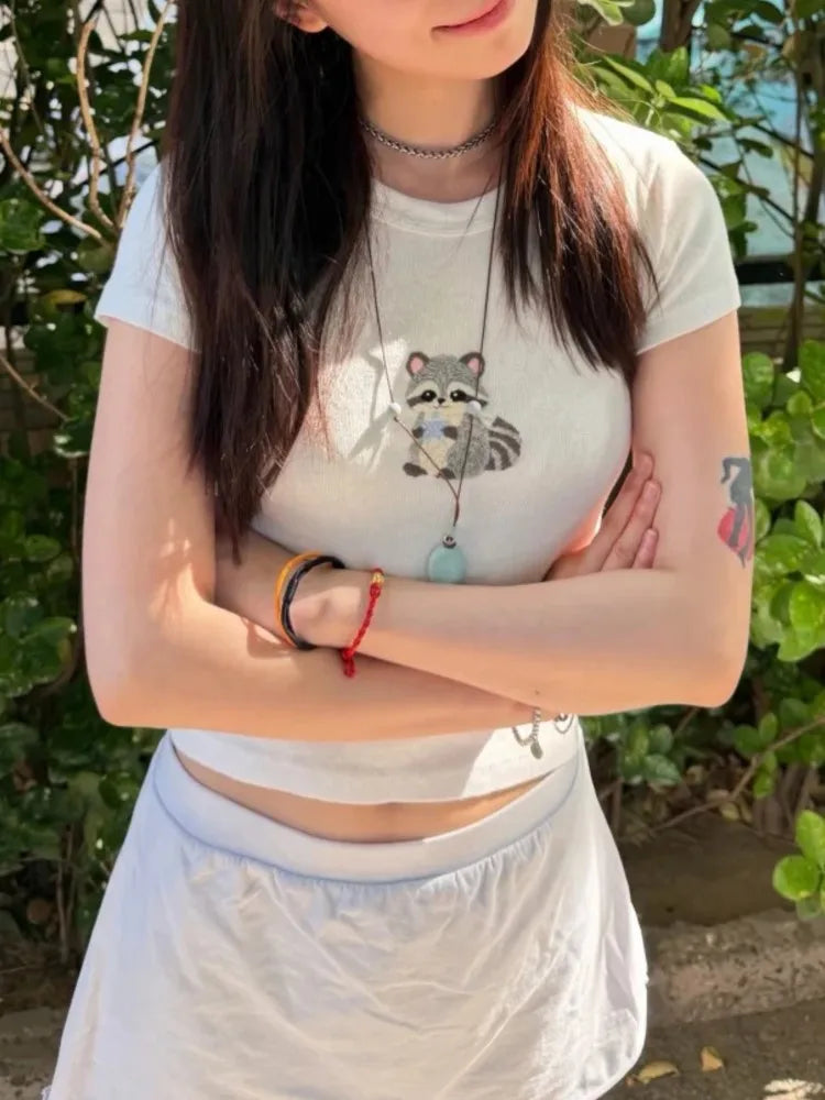 Cute Koala Embroidery Crop Tops Women Summer Casual Slim Cotton Cropped Short Sleeve Tees Female Sweet Preppy Style T-shirts Y2K