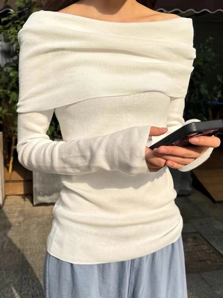 Navy Knit Slim Long Sleeve T-shirts Women New Sexy Slash Neck Simple Casual Cotton Tees Femme Vintage Preppy Style T Shirt Y2K