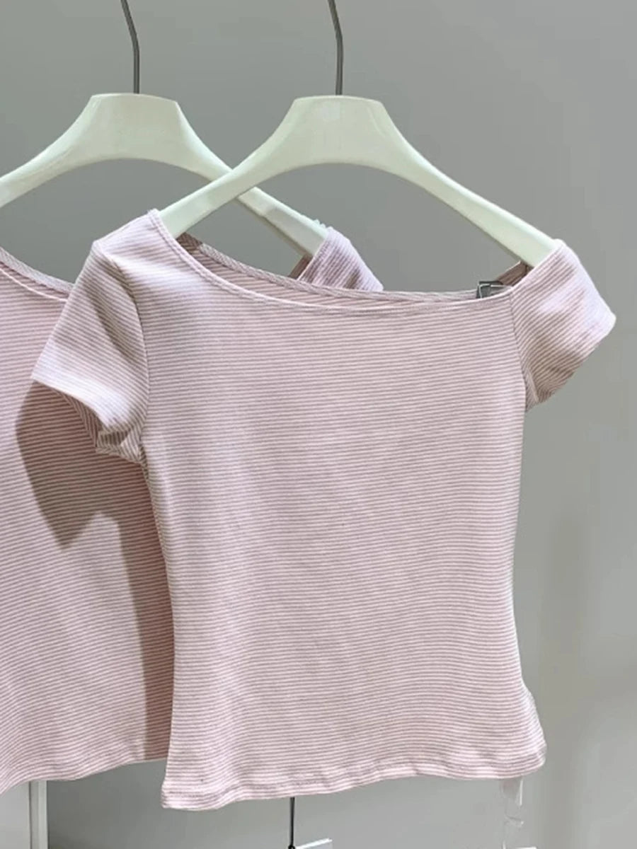 Sweet Pink Striped T-shirt Shorts Set Woman Slash Neck Slim Crop Top+Elastic Waist Straight Sweatshorts Cotton 2 Piece Sets New