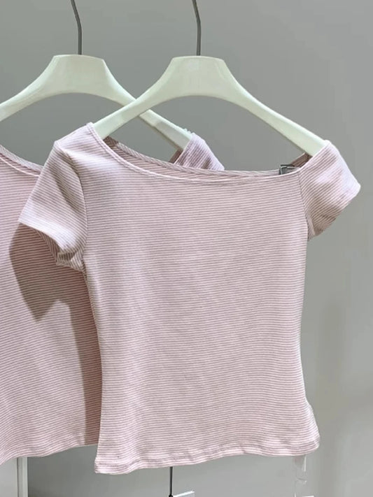Sweet Pink Striped T-shirt Shorts Set Woman Slash Neck Slim Crop Top+Elastic Waist Straight Sweatshorts Cotton 2 Piece Sets New