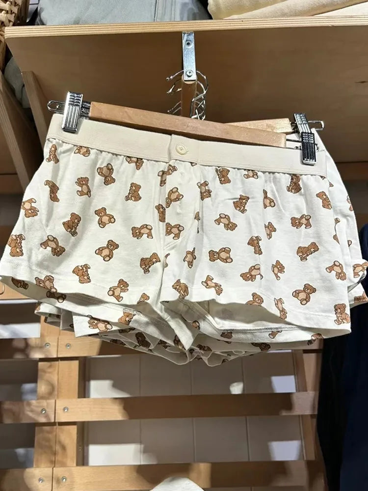 White V Neck T-shirts+little Bear Print Shorts Two Piece Set Cute Home 2 Piece Sets Women Outfit Vintage Cotton Slim Short Sets