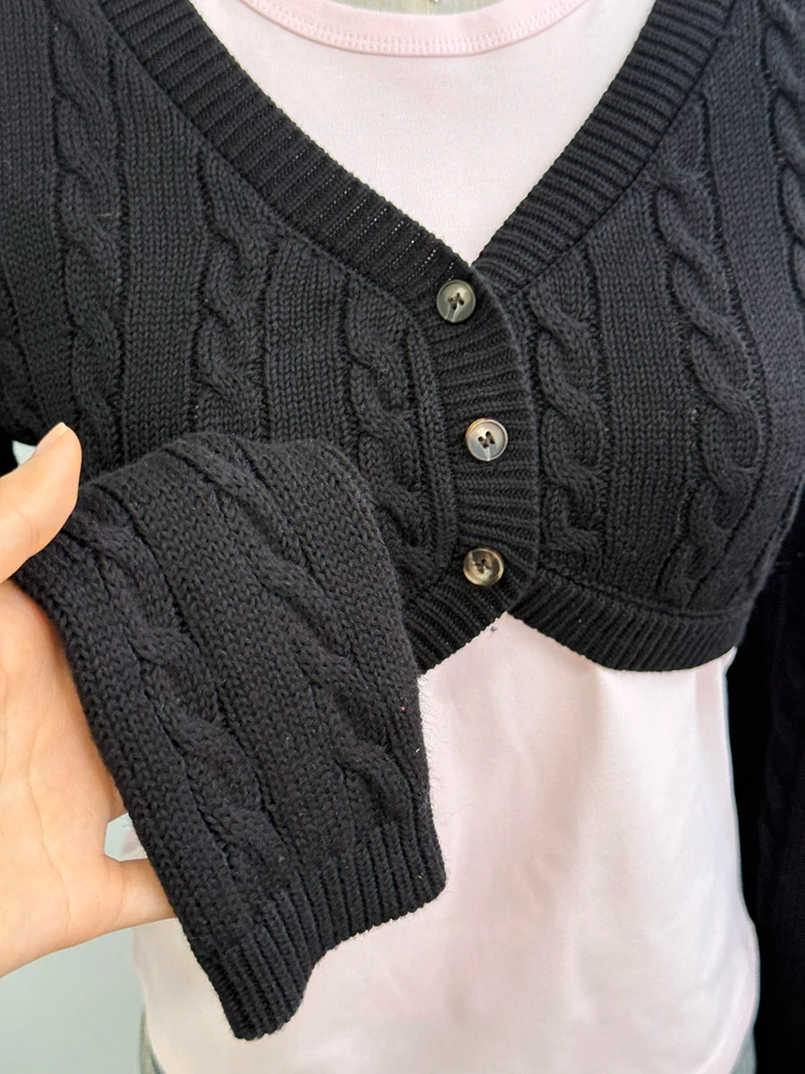 Cropped Knitwear Women Cotton Twisted Flower V-neck Long Sleeve Slim Crop Tops Sweater Vintage Chic Sweater Cardigan