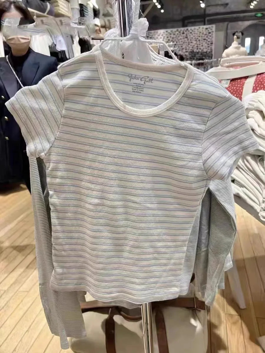 Sweet Pink Striped Slim T-shirt Women Spring Round Neck Cotton Short Sleeve Tee Shirts Female Cute Preppy Style Y2K T shirts New
