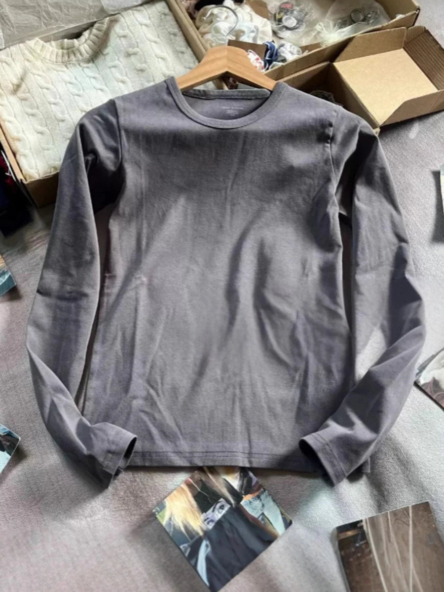 Army Green Long Sleeve Tees Women Autumn Simple Chic O-neck Slim Cotton Basic Tee Clothes Streetwear Vintage Casual T-shirts Y2K