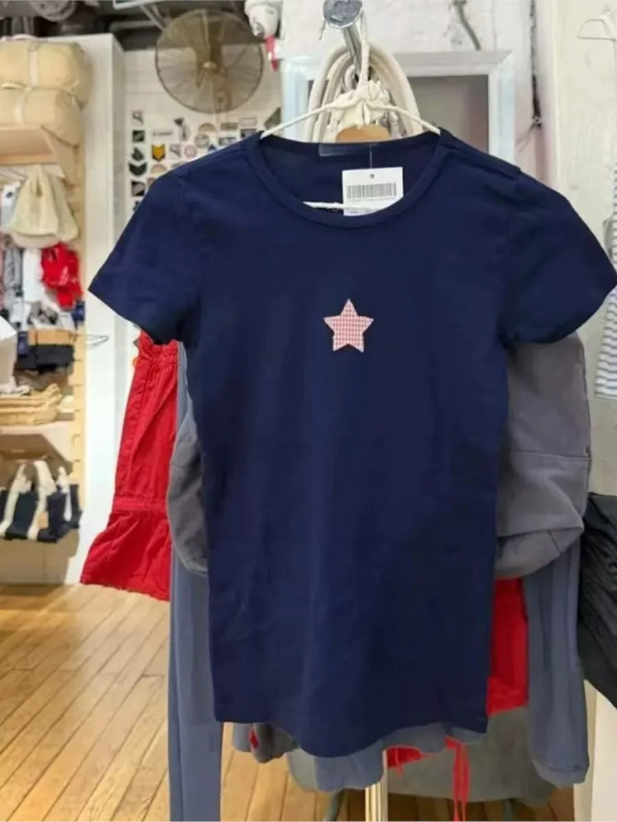 Star Appliques Navy T-shirt Women Summer Cotton O-neck Short Sleeve Tee Shirts Female Sweet Cute Preppy Style Tshirt Y2K Tops
