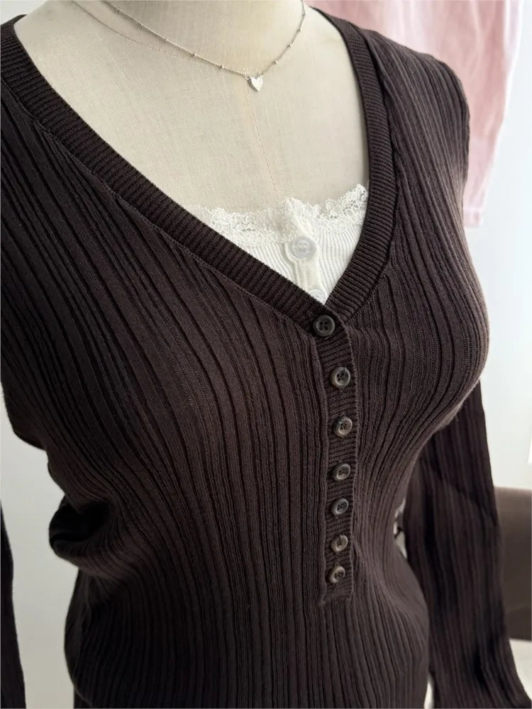 Knitted V-neck T-shirts Women Autumn Buttons Slim