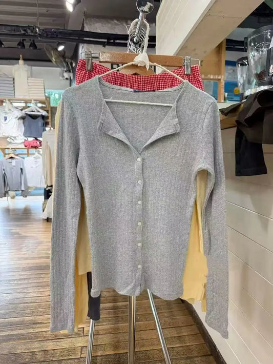 Gray Eyelet Slim Long Sleeve T-shirt Women Preppy Style O-neck Single Breasted Cotton Tee Shirts Cute Vintage SimpleTops Y2K
