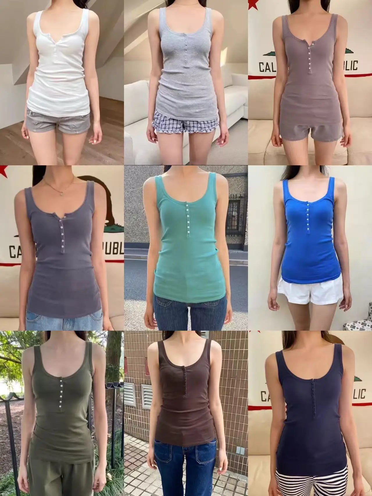 Solid Six Buttons Slim Tank Top Woman Summer Casual Streetwear U Collar Sleeveless Cotton Vest Femal  American Vintage y2k Tops