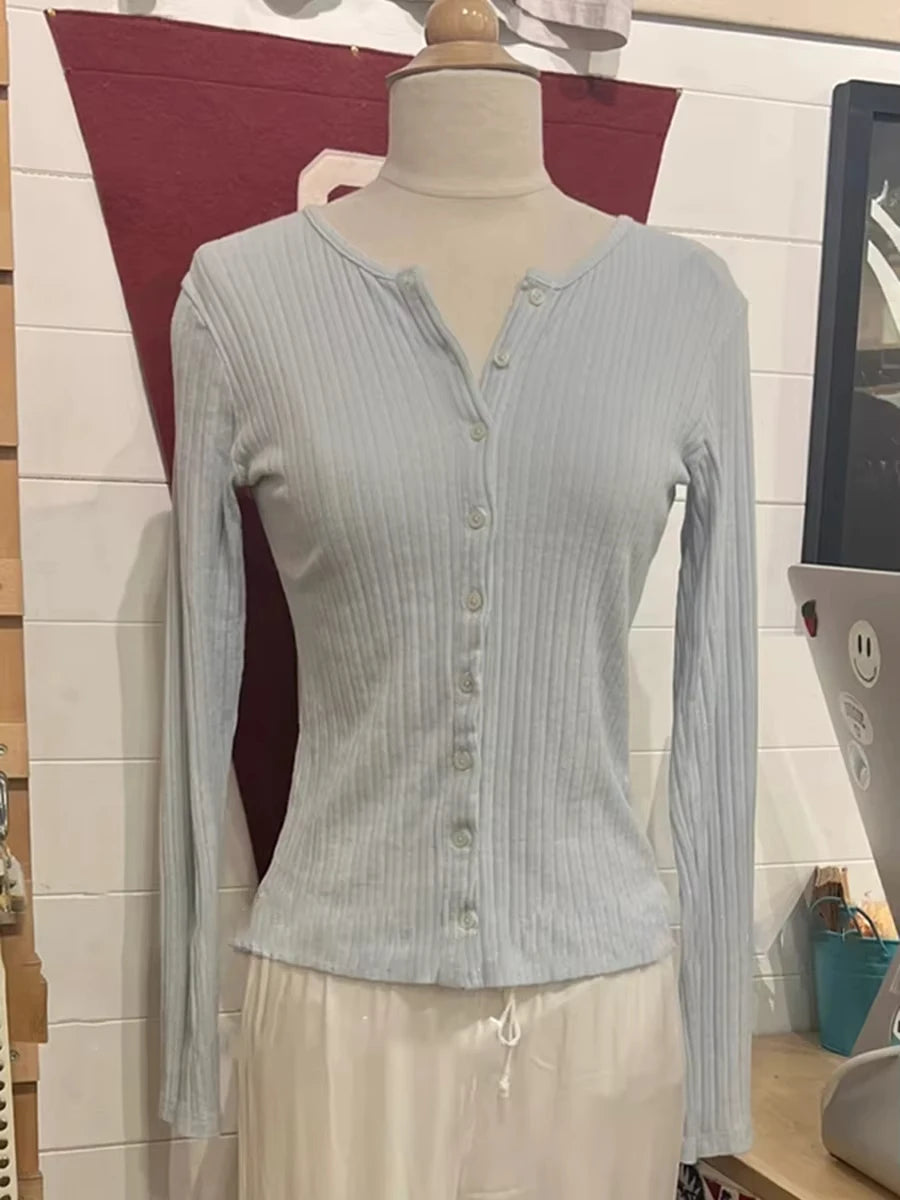 Pink Eyelet Slim Long Sleeve T-shirts Women Preppy Style O-neck Single Breasted Cotton Tee Shirts Sweet Cute Vintage Tops