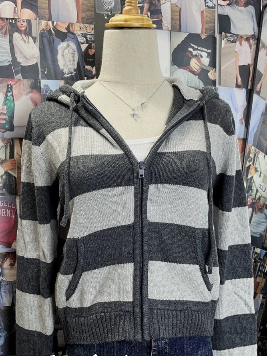 Sweet Twisted Flower Knitted Cardigan Sweater Women Long Sleeve Drawstring Hooded Zipper Streetwear Cute Sweaters Coat Y2K Tops