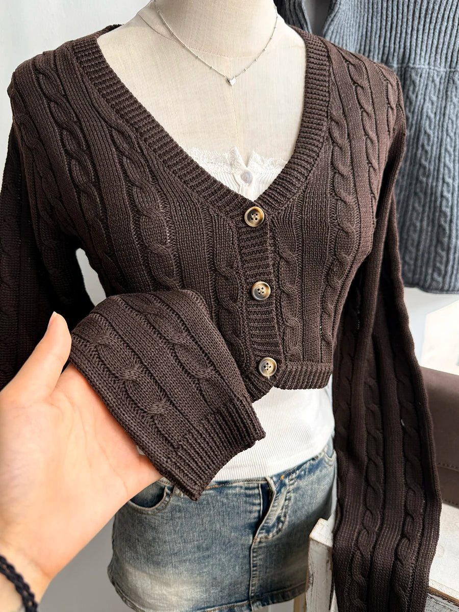 Brown Cropped Knitwear Women Cotton Twisted Flower V-neck Long Sleeve Slim Crop Tops Sweater Vintage Chic Sweater Cardigan Y2K