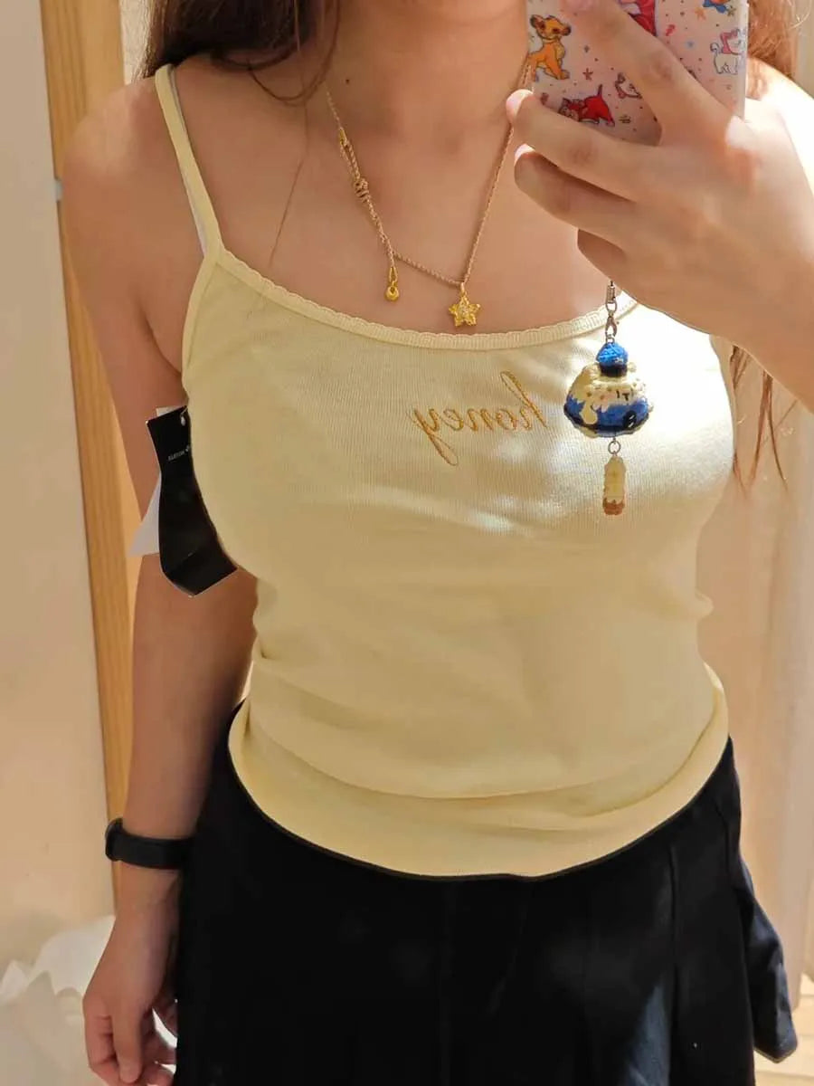 Yellow Letter Embroidery Crop Top Women Lace Trim Cotton Slim Sleeveless Camisole Clothes Sweet Cute Preppy Style Tank Tops Y2K