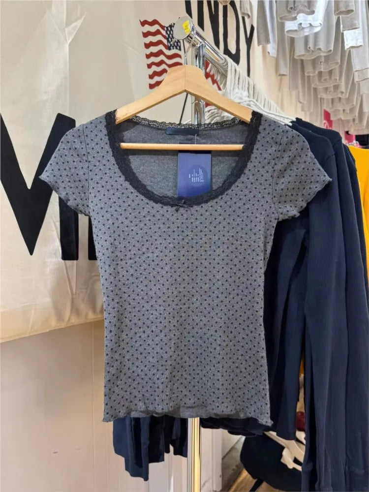 Dot Print Lace Trim Patchwork T-shirts Women New Cotton Casual O-neck Short Sleeve Tees Sweet Preppy Style Cute Tshirt Y2K Tops