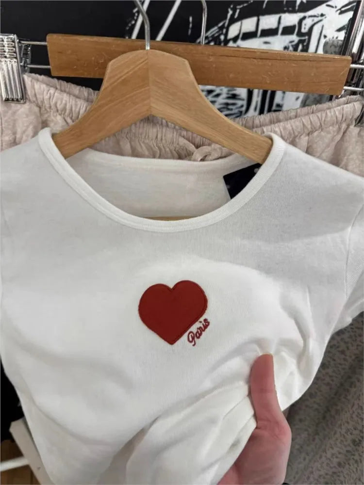 Red Heart Embroidery T-shirts Women Summer Cotton O-neck Casual Preppy Style Short Sleeve Tees Vintage Cute Sweet  Tops Y2K