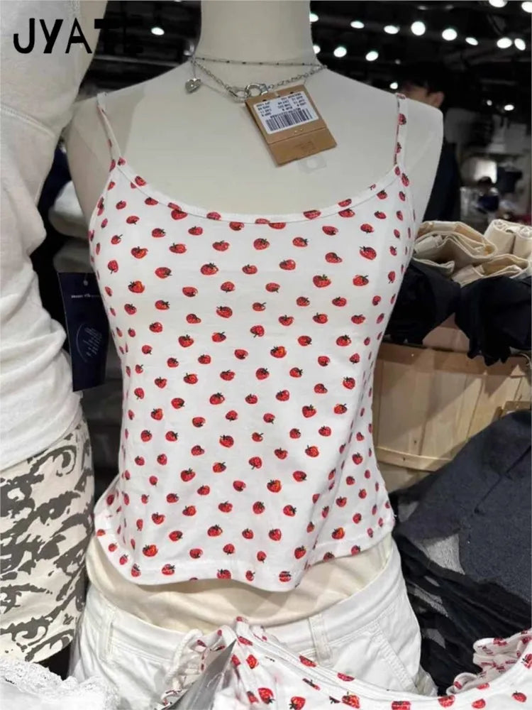 Women's New Strawberry Print Tank Tops Summer Cotton Simple Streetwear Casual Slim Sleeveless Vests Sweet Cute Vintage Camis Y2K