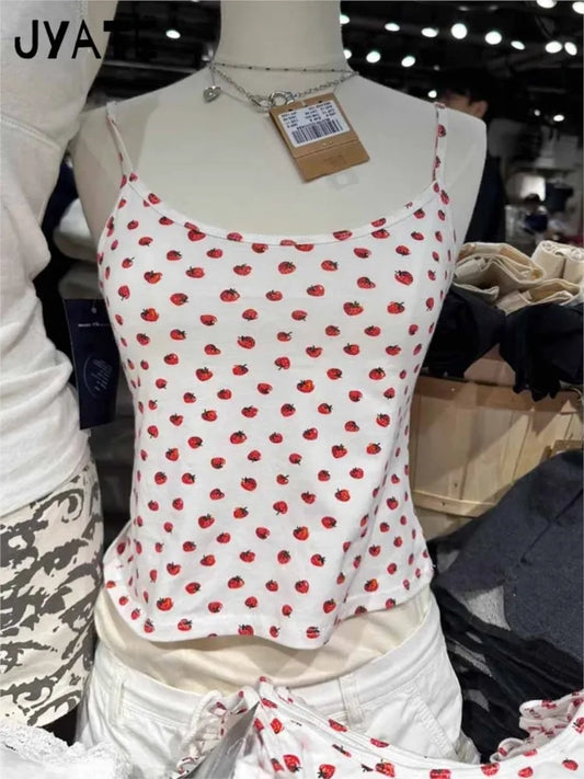 Women's New Strawberry Print Tank Tops Summer Cotton Simple Streetwear Casual Slim Sleeveless Vests Sweet Cute Vintage Camis Y2K