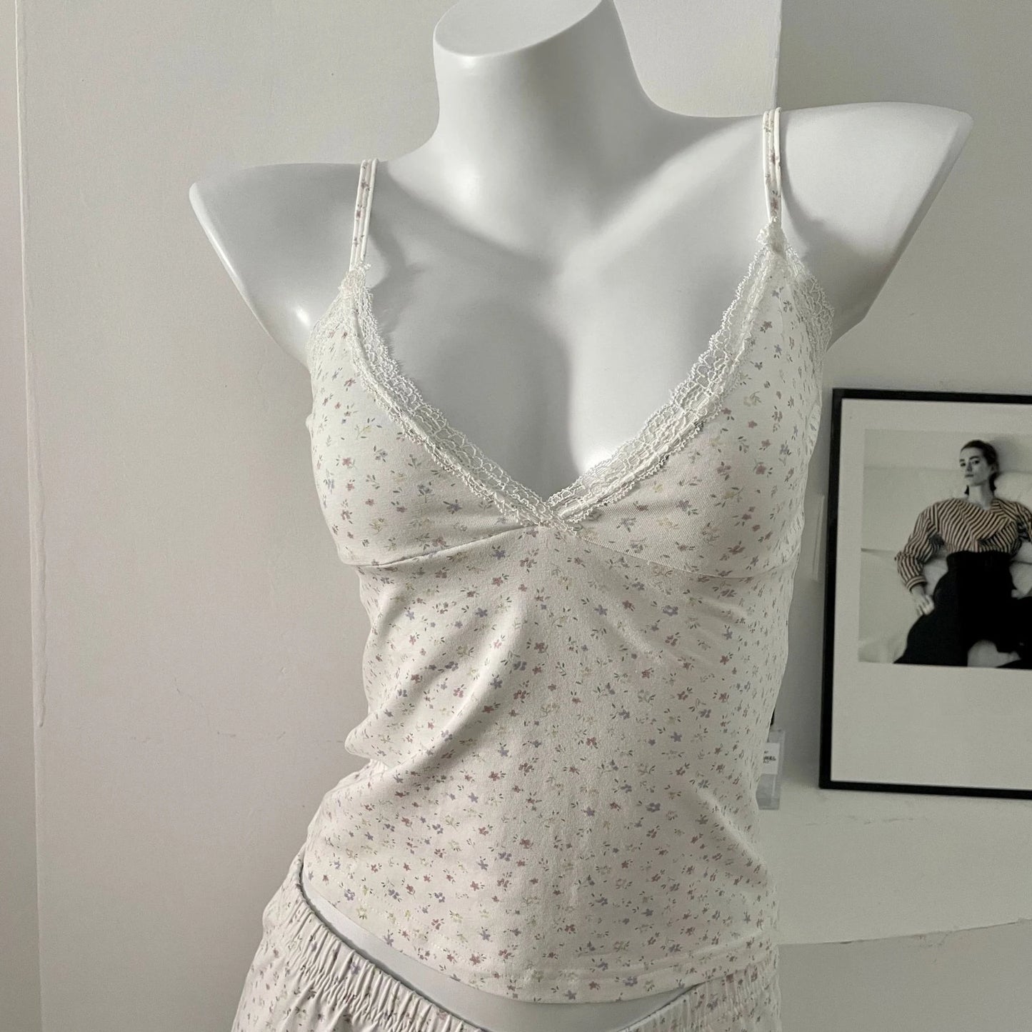 V-neck Floral Print Tank Tops Women Summer New Lace Trim Bow Casual Pajama Sleeveless Vests Sweet Cute Preppy Style Camisole Y2K