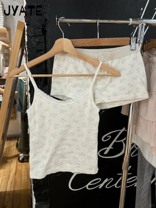 Little Deer Vest Shorts 2 Pieces Set Women Lace Trim Bow Slim Tank Top+Buttons Patchwork Straight Short Pant Sweet Suit Sets Y2K