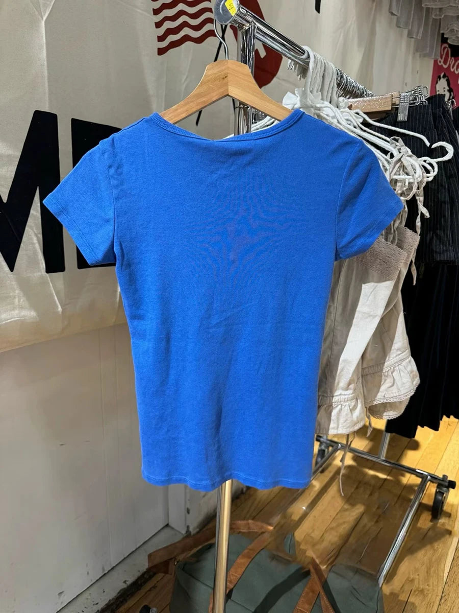 Royal Blue V-neck T-shirts Women Summer Cotton Slim Casual Streetwear Short Sleeve Tees Sweet Vintage Chic Tshirt Y2K