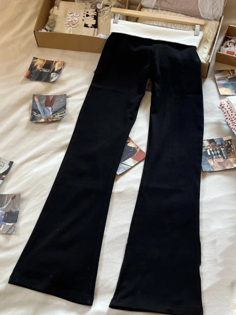 Flip Up Skinny Cotton Yoga Pants Women Casual Simple Elastic High Waist Flare Pant Sweet Cute Streetwear Straight Sport Trousers
