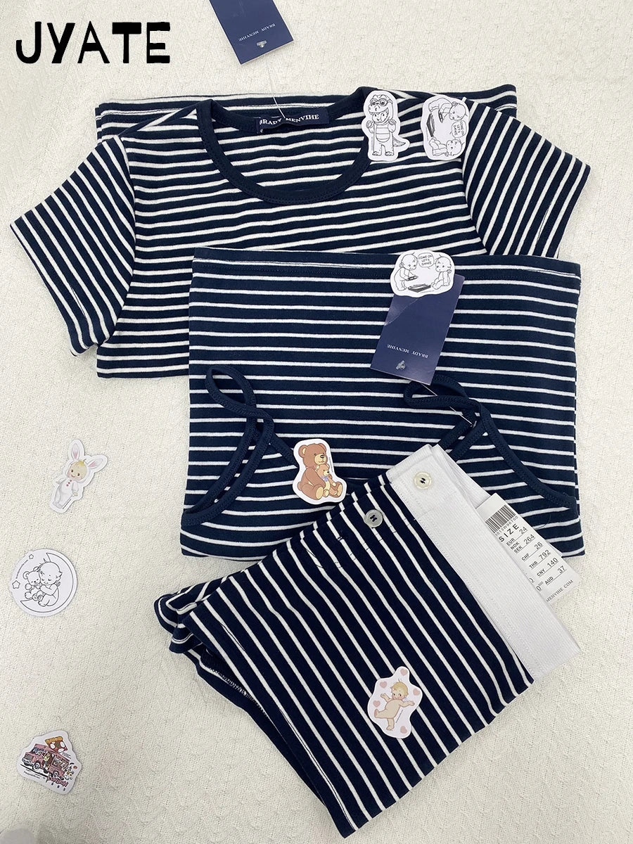 Navy Striped T-shirts Shorts 2 Pieces Set Women New Slim Cotton Soft O-neck Tee+Button Straight Short Pant Sweet Pajama Sets Y2K