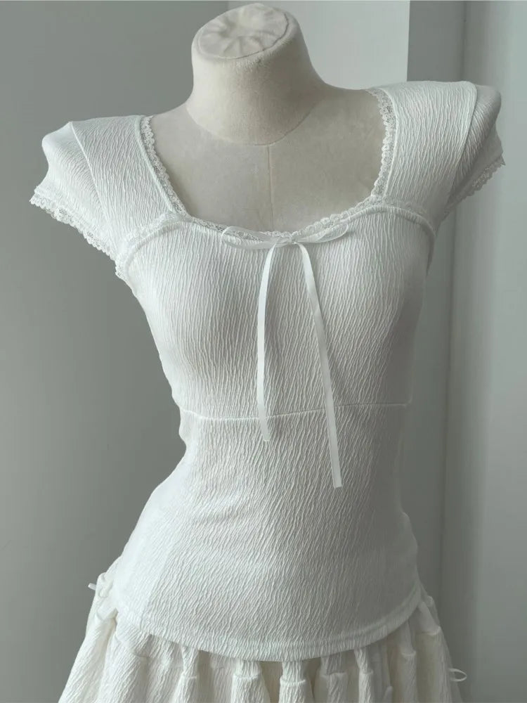 Lace Trim Square Neck T-shirts Women Summer New Casual Slim Bow Folds Texture Short Sleeve Tees Sweet Cute Preppy Style Tops Y2K