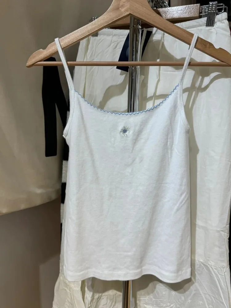 Sweet Floral Embroidery Lace Trim Camisole Women Spring Slim Sleeveless Cotton Tank Top Cute Preppy Style Chic Vest Y2K Tops New