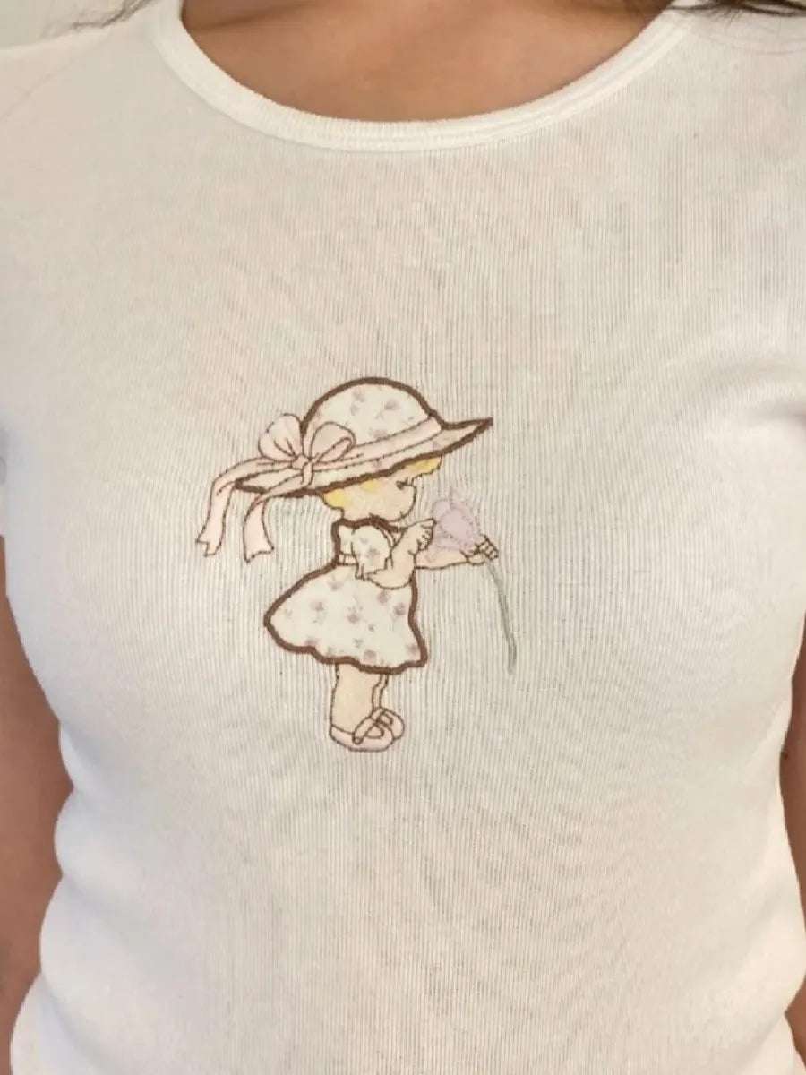 New Cute Little Girl Embroidery T-shirt Woman O-Neck Slim Short Sleeve Cotton Tees Tops Spring Casual Sweet Y2K Tshirts