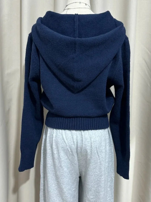 Navy Lambskin Knitted Hooded Sweater Women Autumn New Zip-up Cotton Simple Cropped Coat Chic Sweet Preppy Style Cardigan Tops