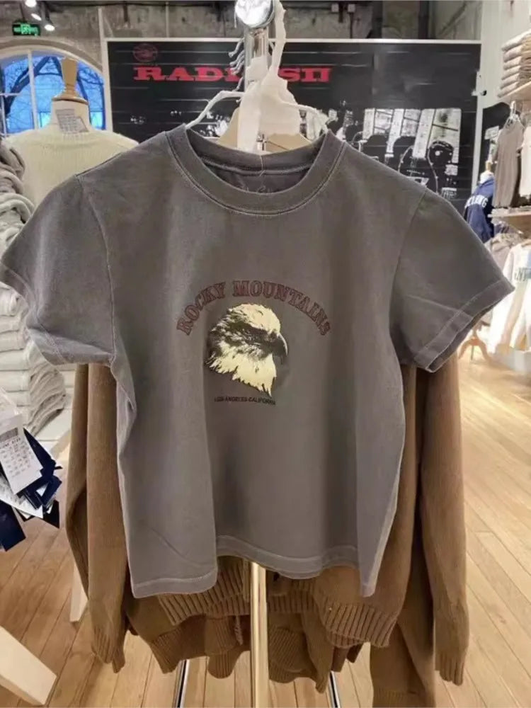 Graphic Print Short Sleeve Tees Women Summer Simple Casual Streetwear Cotton O-neck Slim Tops American Vintage T-shirts Y2K