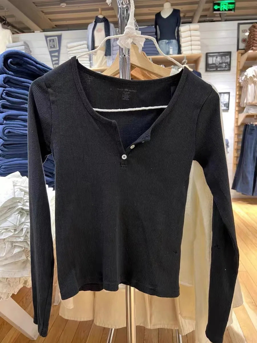 Buttons Ribbed Long Sleeve T-shirts Women Spring Soft Cotton Round Neck Vintage Top Female Solid Simple Y2k Streetwear Tees 2023