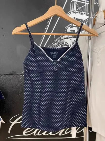Navy Polka Dot Slim Crop Top Women Lace Trim Two Buttons Cotton Cropped Camisole Female Sweet Cute Preppy Style Tank Tops OOTDS