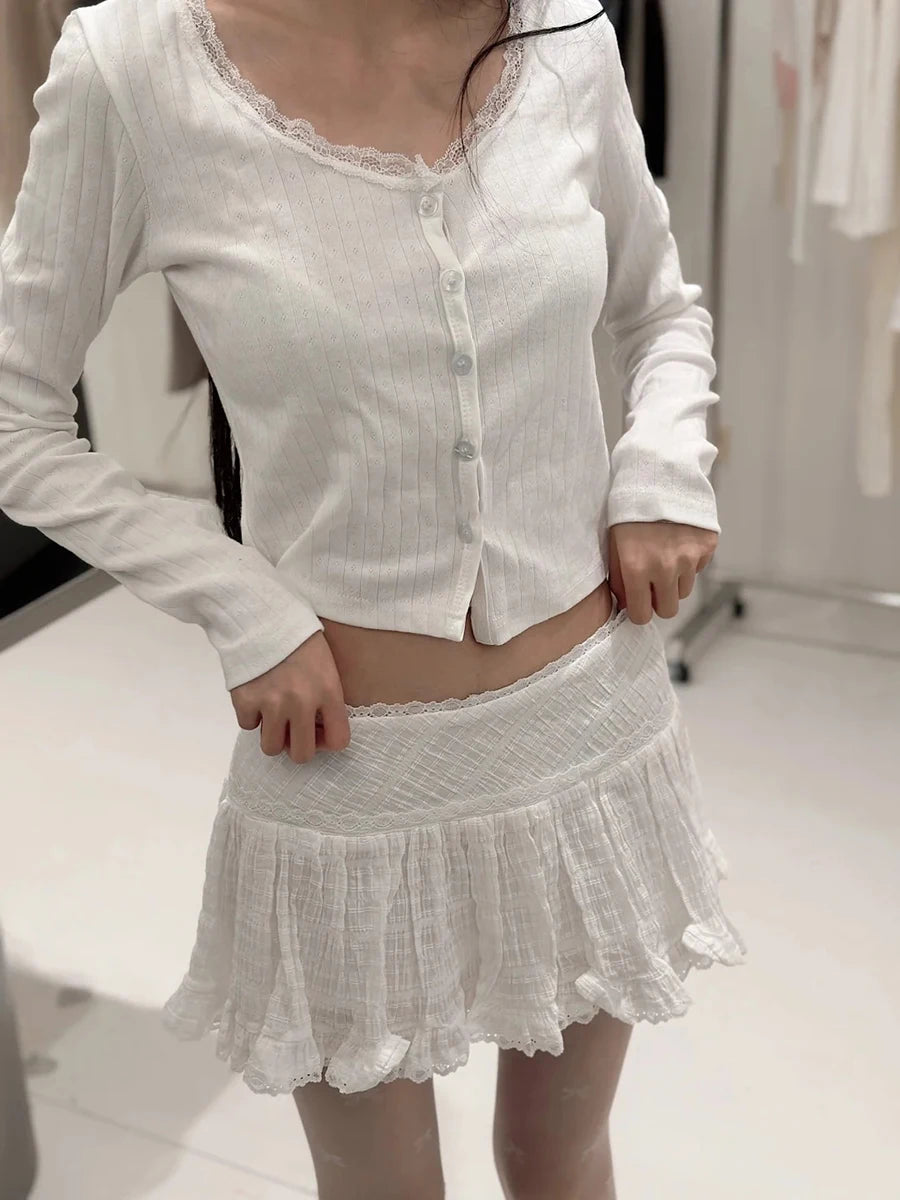 White Ribbed Lace Trim Long Sleeve Tees Women Casual Streetwear Button Hollow Out Tops Female Sweet Cute Harajuku T-shirts Y2K