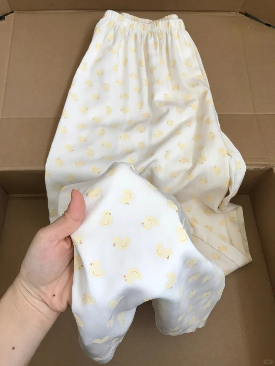 Little Yellow Duck Print Long Pants Women New Cotton Casual Elastic High Waist Straight Trouser Sweet Chic Cute Home Pant Y2K