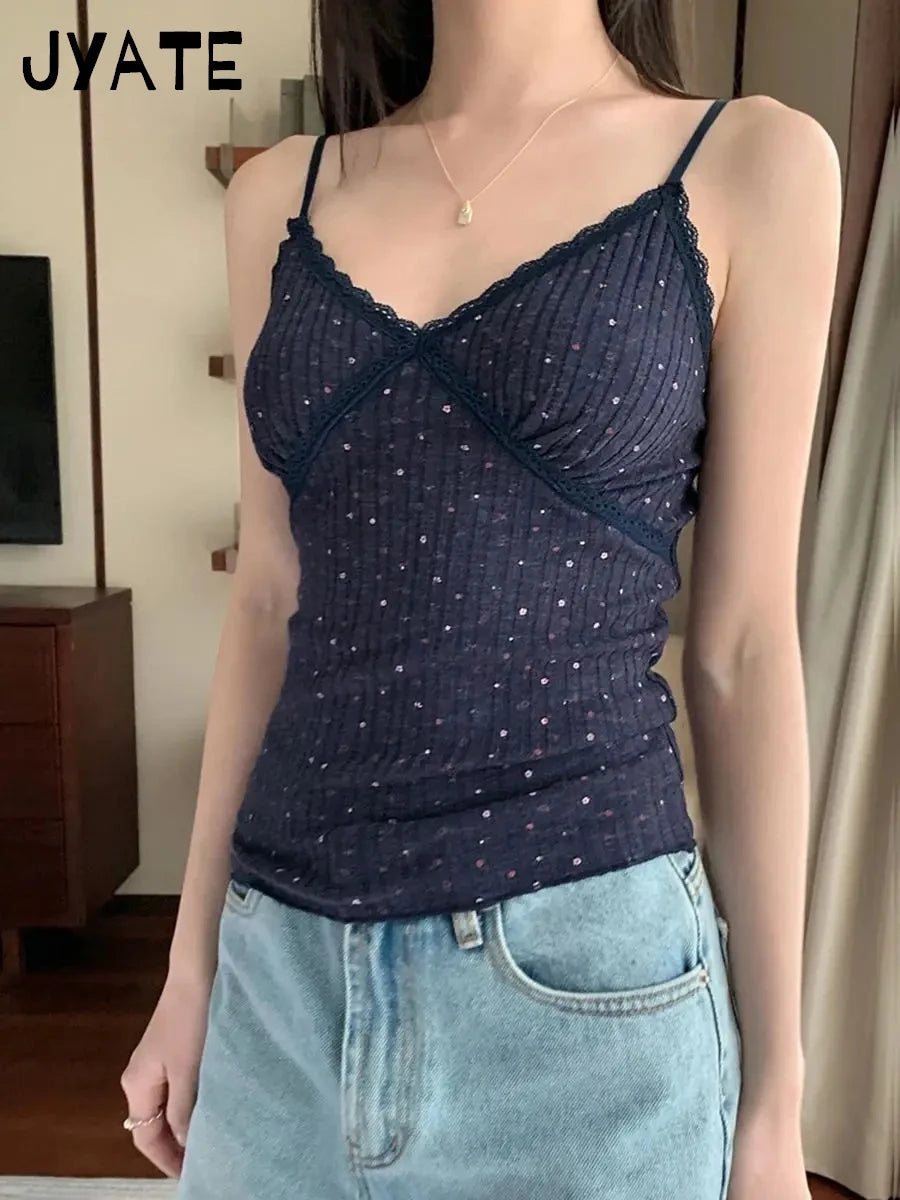 Floral Lace Trim V-neck Tank Tops Women New Cotton Casual Preppy Slim Cropped Sleeveless Vests Sweet Cute Vintage Camisole Y2K