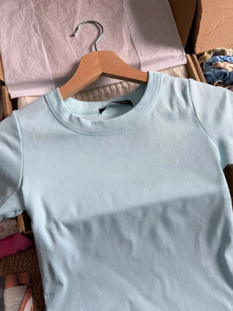 Light Blue Slim Basic T-shirts Woman Summer O-neck Short Sleeve Cotton Tee Shirts Solid Simple Casual All-match Tshirt Tops