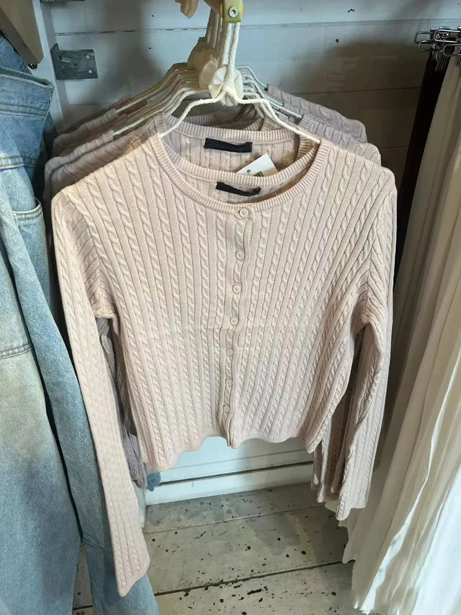Gray Pockets Knitted Sweater Cardigan Women Autumn Cotton Round Neck Long Sleeve Sweaters Sweet Preppy Style Knitwear Y2K Tops