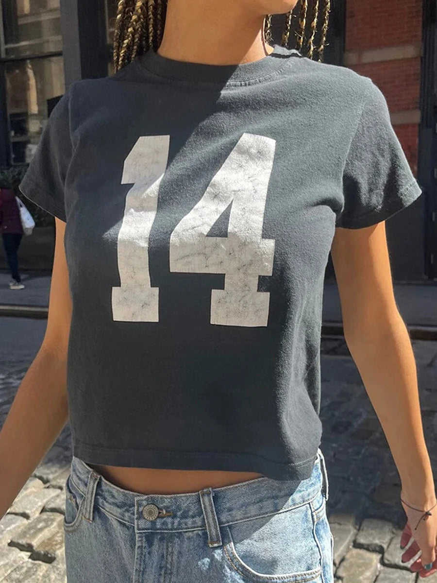 Classic Number Graphic Print Cotton T-shirts Women Summer Soft Casual Loose O-neck Short Sleeve Tees Vintage Streetwear Y2K Tops