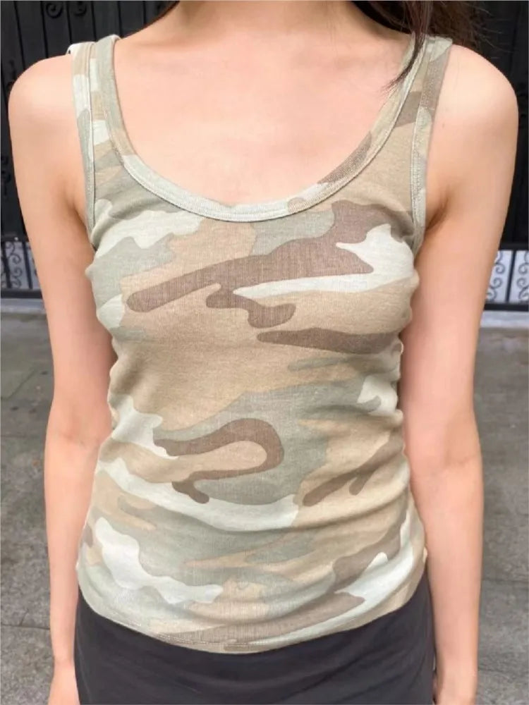 Vintage Camouflage Slim Tank Top Women Summer New U Collar Sleeveless Cotton Camisole Streetwear Preppy Style Punk Vest Y2K Tops