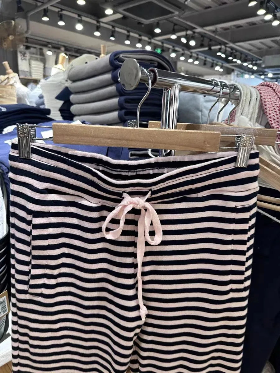 Cute Pink Striped Drawstring Wide Leg Pants Women Cotton Soft High Waist Casual Sweatpant Chic Sweet Preppy Style Y2K Trousers