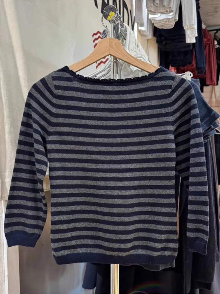 Striped Lace Trim Scoop Neck T-shirts Woman Spring Cotton Slim Navy Three Quarter Sleeve Crop Top Vintage Knitted Tee Shirts