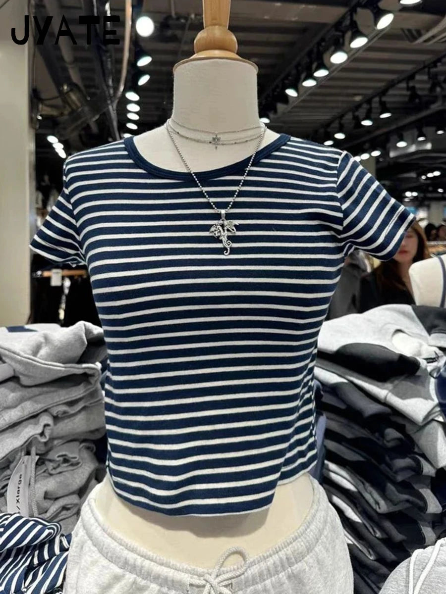 Sweet Pink Striped Slim T-shirt Women Spring Round Neck Cotton Short Sleeve Tee Shirts Female Cute Preppy Style Y2K T shirts New